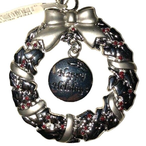 Ganz Pewter Wreath Ornament Engravable Red Stones Happy Holidays New Open Packag - Picture 5 of 11